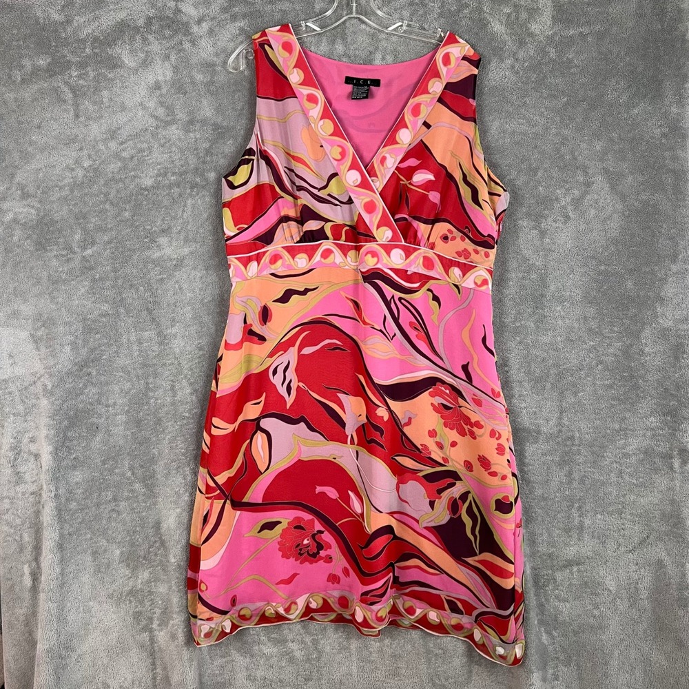Vintage Y2K ICE Mini Dress Womens 14 100% Silk Vibrant Floral Babydoll V Neck